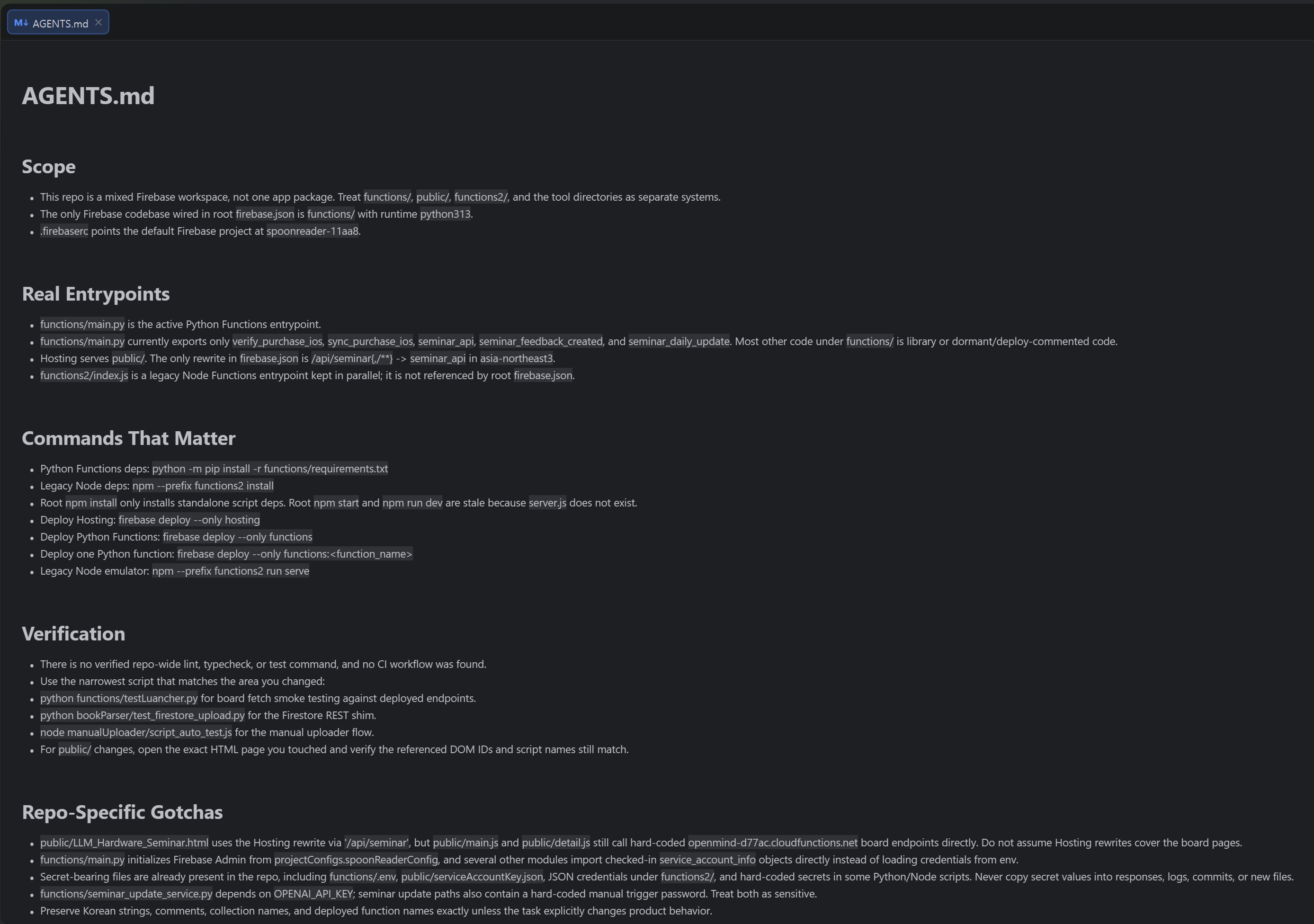 AGENTS.md example showing repository scope, entrypoints, commands, verification, and project-specific gotchas