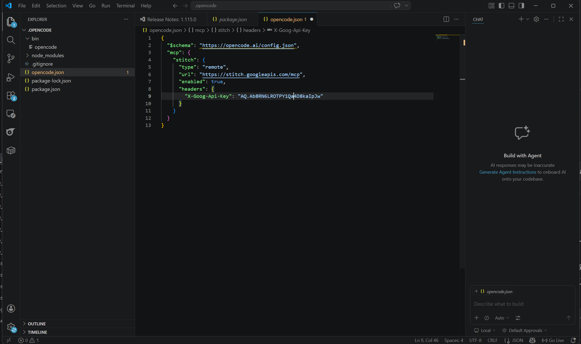 OpenCode opencode.json MCP server configuration for Stitch