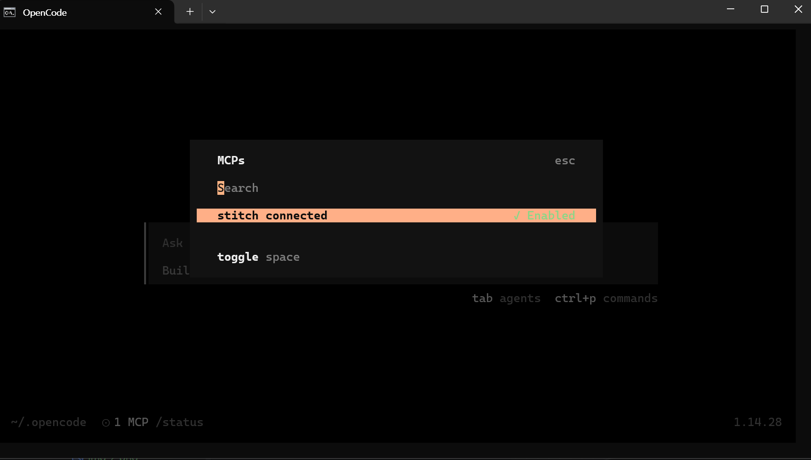 OpenCode TUI MCP status popup showing Stitch connected and enabled