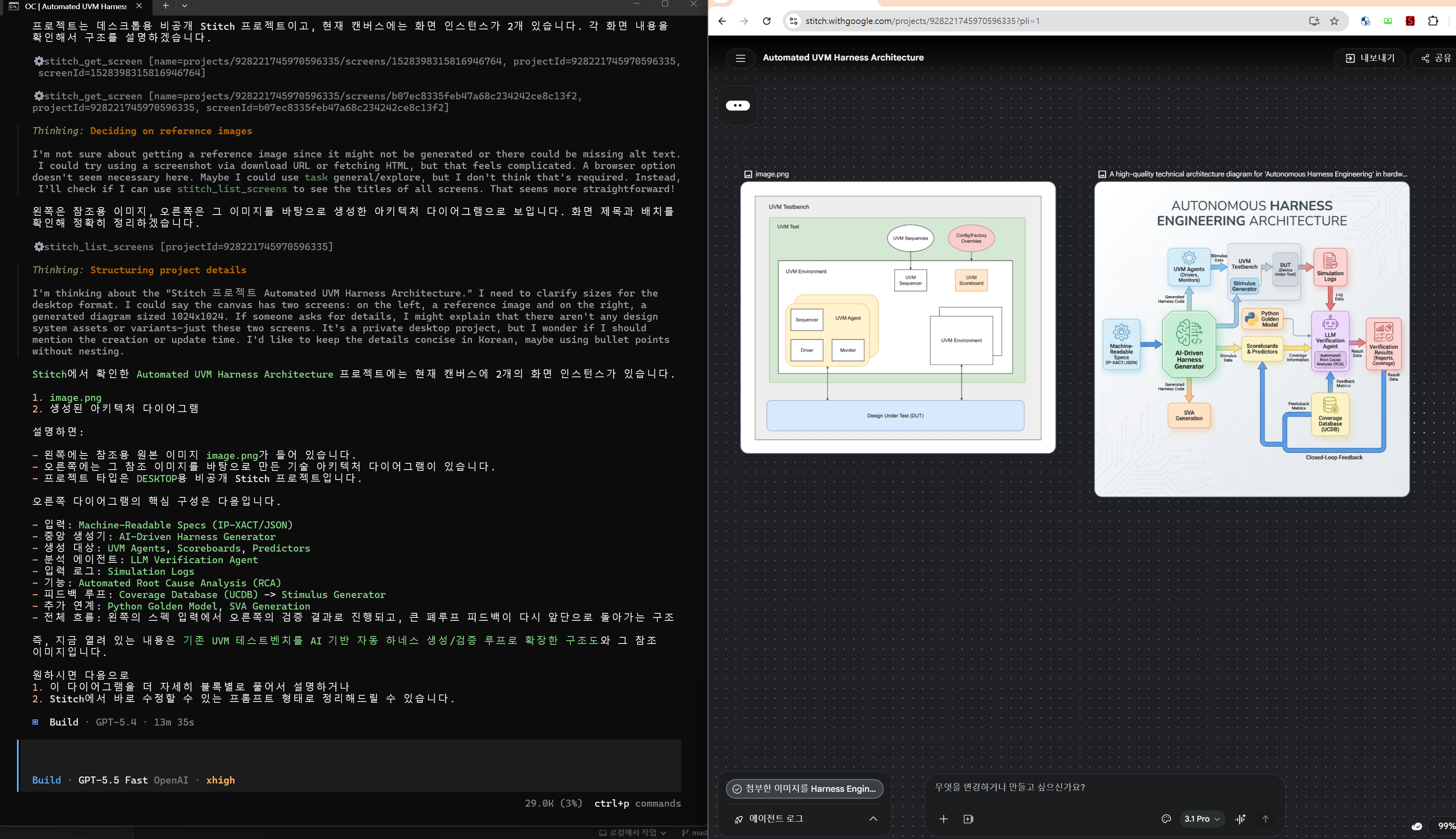 OpenCode agent calling Stitch MCP tools and inspecting generated UVM harness architecture